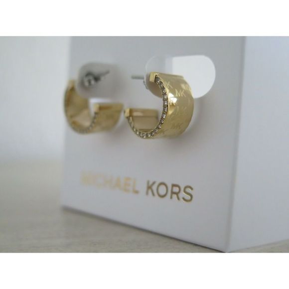 Michael Kors MKJX7845710 MK Monogram Yellow Gold Hoop Stud Earrings Crystals - Picture 5 of 10